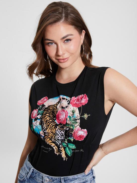 GUESS Black 8ZX4F1011 Tiger Roses Corset Tee