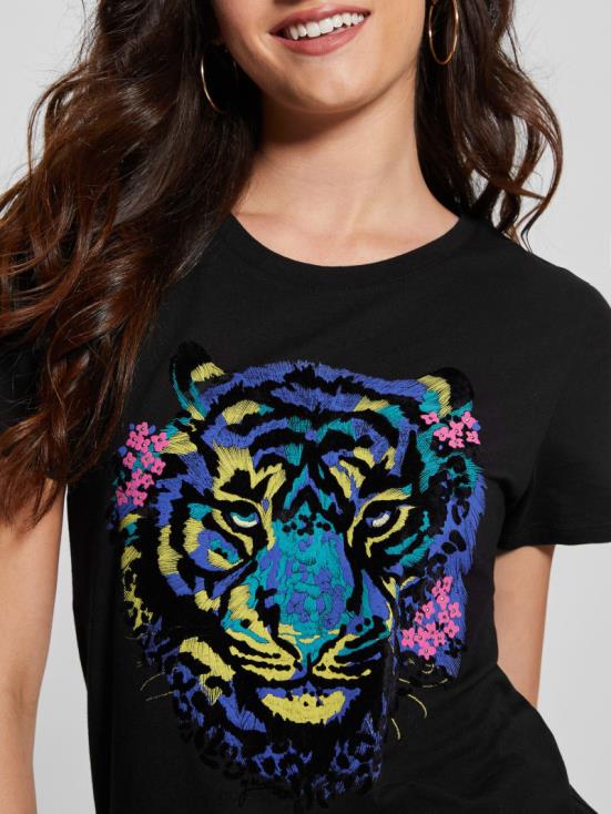 GUESS Black 8ZX4F1016 Tiger Rhinestone Tee