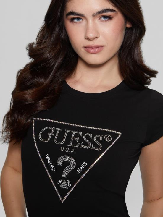 GUESS Black 8ZX4F1058 Rhinestone Logo Tee