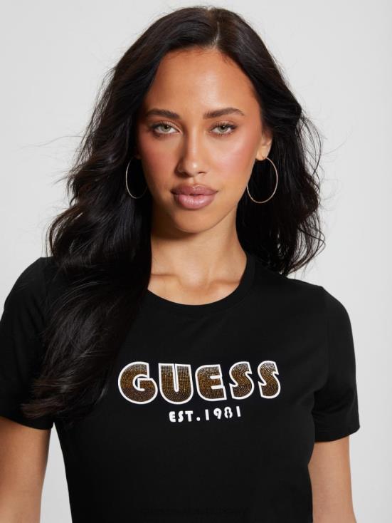 GUESS Black 8ZX4F1295 Eco Crewneck Rhinestone Logo Tee