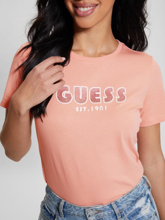 GUESS Powder Rose 8ZX4F962 Eco Crewneck Rhinestone Logo Tee
