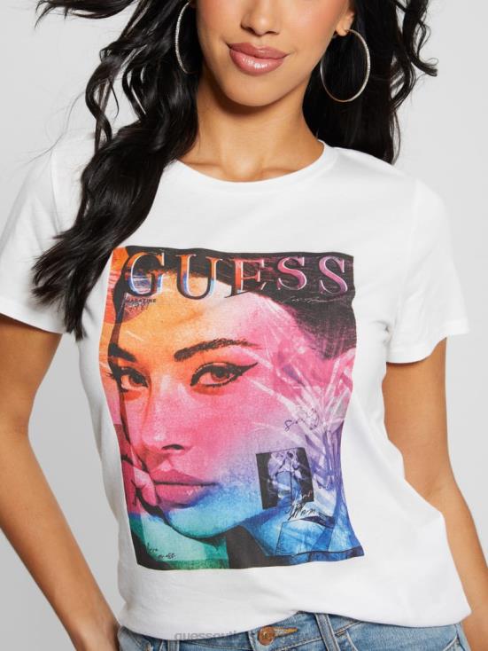 GUESS Pure White 8ZX4F1538 Ombre Magazine Easy Tee