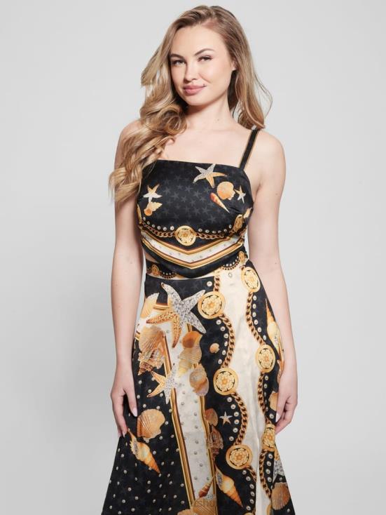 GUESS Black Shell Print 8ZX4F1206 Bassma Satin Crop Scarf Top