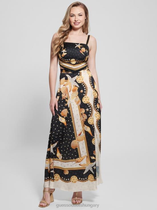 GUESS Black Shell Print 8ZX4F1206 Bassma Satin Crop Scarf Top