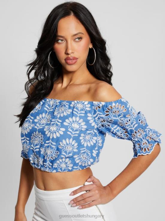 GUESS Clearly Blue Multi 8ZX4F960 Lazo Embroidered Eyelet Crop Top