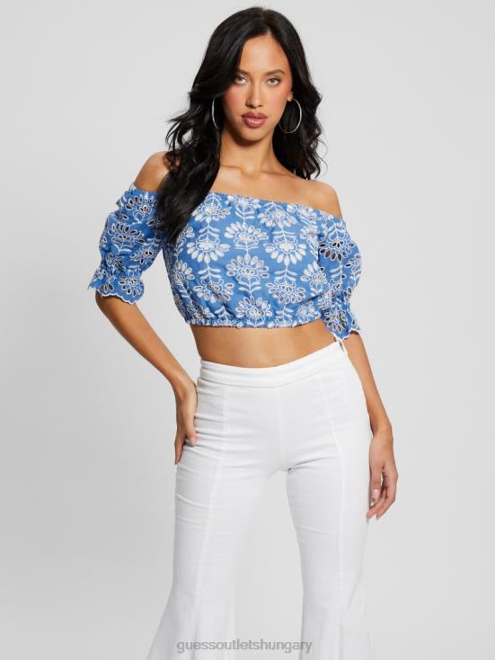 GUESS Clearly Blue Multi 8ZX4F960 Lazo Embroidered Eyelet Crop Top