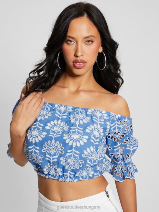 GUESS Clearly Blue Multi 8ZX4F960 Lazo Embroidered Eyelet Crop Top