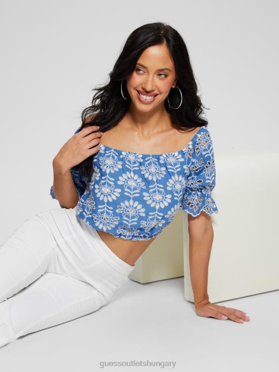 GUESS Clearly Blue Multi 8ZX4F960 Lazo Embroidered Eyelet Crop Top