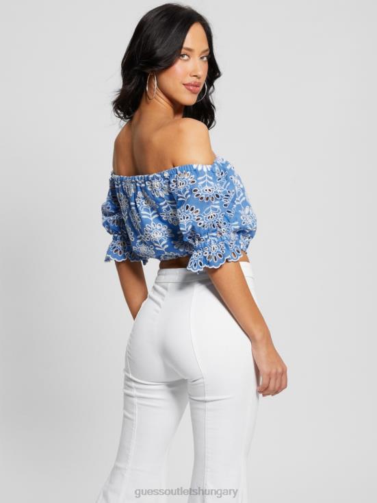 GUESS Clearly Blue Multi 8ZX4F960 Lazo Embroidered Eyelet Crop Top