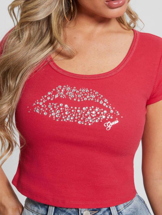 GUESS Karma Pink 8ZX4F1419 Eco Rhinestone Lip Cropped Top