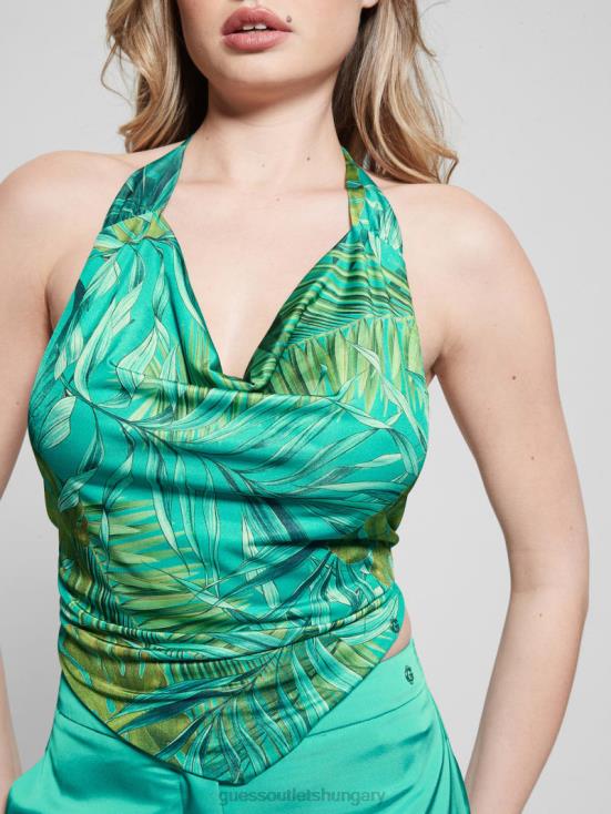 GUESS Original Teal Monstera 8ZX4F1167 Bushra Printed Handkerchief Top