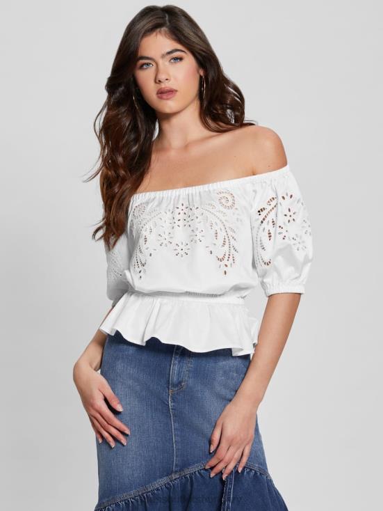 GUESS Pure White 8ZX4F921 Embroidered Lazo Top