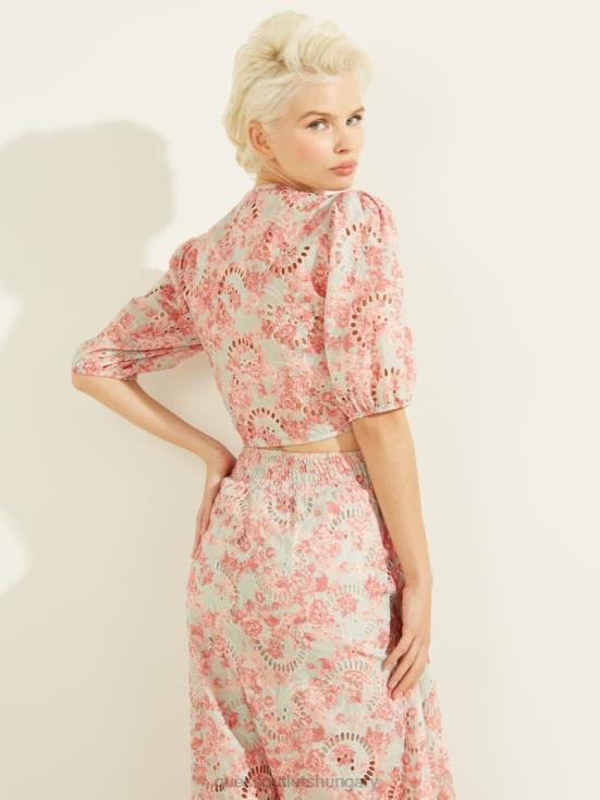 GUESS Sunset Bloom Print Coral 8ZX4F1536 Silvia Eyelet Top