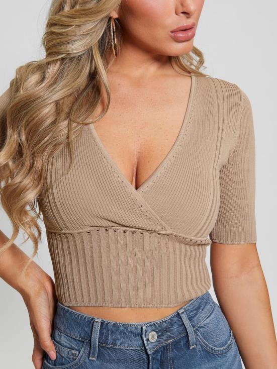 GUESS Wet Sand 8ZX4F938 Soft Bandage V-Neck Top