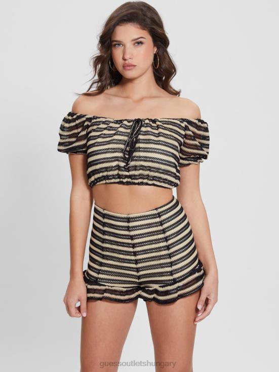 GUESS White Black Combo 8ZX4F932 Maya Mesh Puffed Sleeve Top