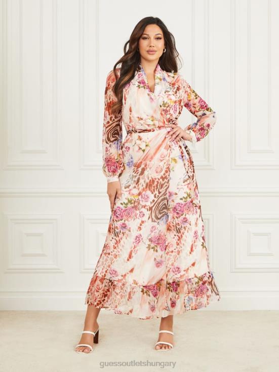 GUESS Rose Shadow Print 8ZX4F745 Rose Silk Wrap Dress
