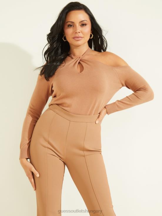 GUESS Shiitake Brown 8ZX4F1427 Priya Cold-Shoulder Sweater Top