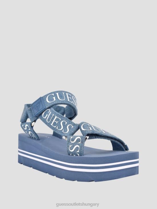 GUESS Medium Blue Fabric 8ZX4F3493 Avin Logo Strap Platform Sandals