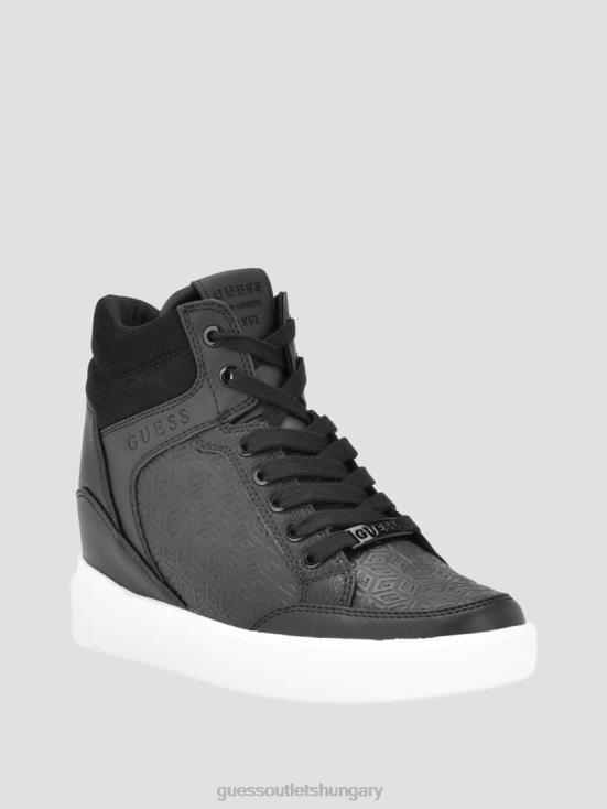 GUESS Black Leather 8ZX4F3341 Blairin Rhinestone Logo Wedge Sneakers