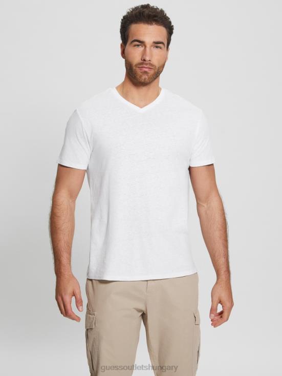 GUESS Pure White Multi 8ZX4F3992 Eco Linen-Blend V-Neck Tee