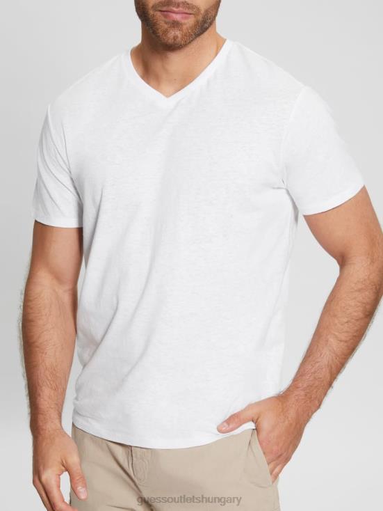 GUESS Pure White Multi 8ZX4F3992 Eco Linen-Blend V-Neck Tee