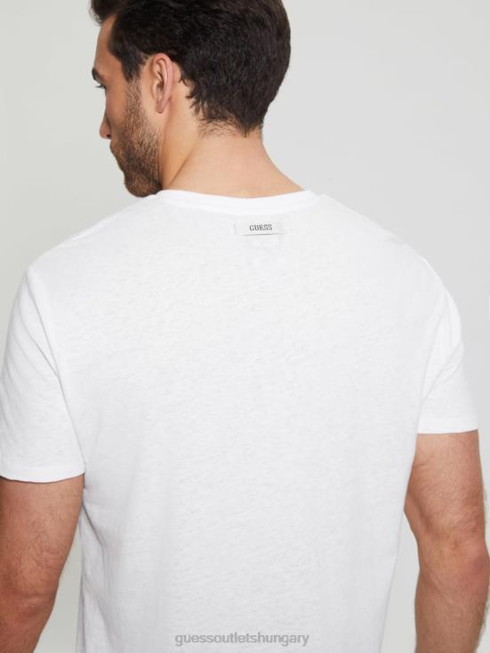 GUESS Pure White Multi 8ZX4F3992 Eco Linen-Blend V-Neck Tee