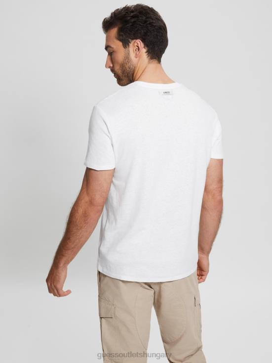 GUESS Pure White Multi 8ZX4F3992 Eco Linen-Blend V-Neck Tee