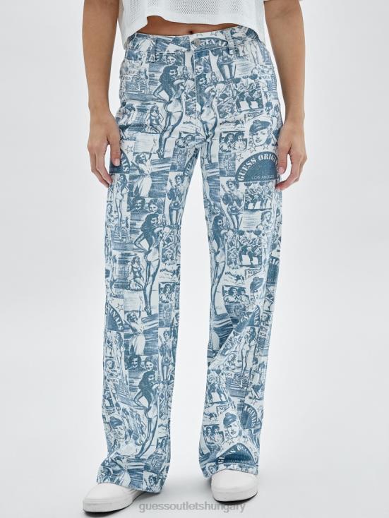 GUESS Pure White Multi 8ZX4F174 Originals Vintage Print Wide-Leg Jeans