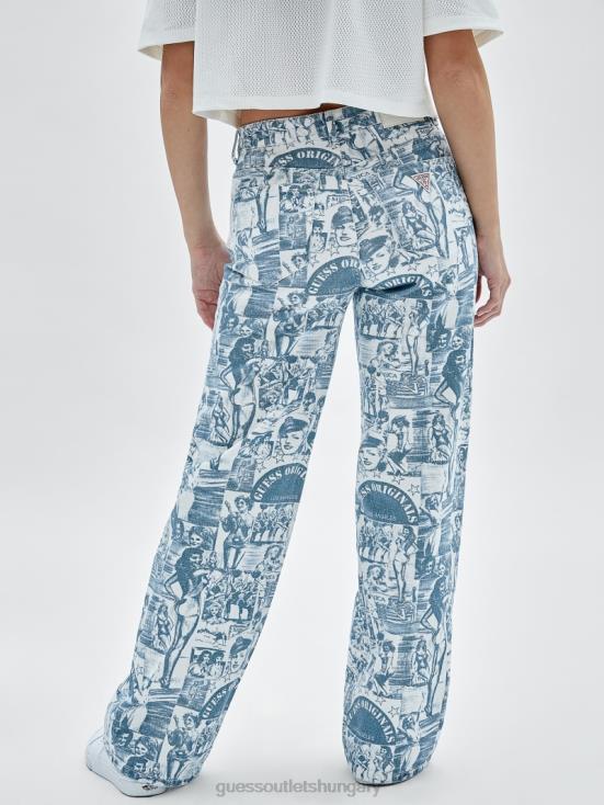 GUESS Pure White Multi 8ZX4F174 Originals Vintage Print Wide-Leg Jeans