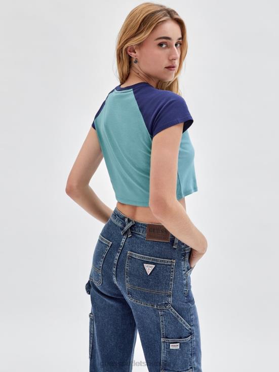 GUESS Soft Teal Multi 8ZX4F1318 Originals Raglan Crop Baby Tee